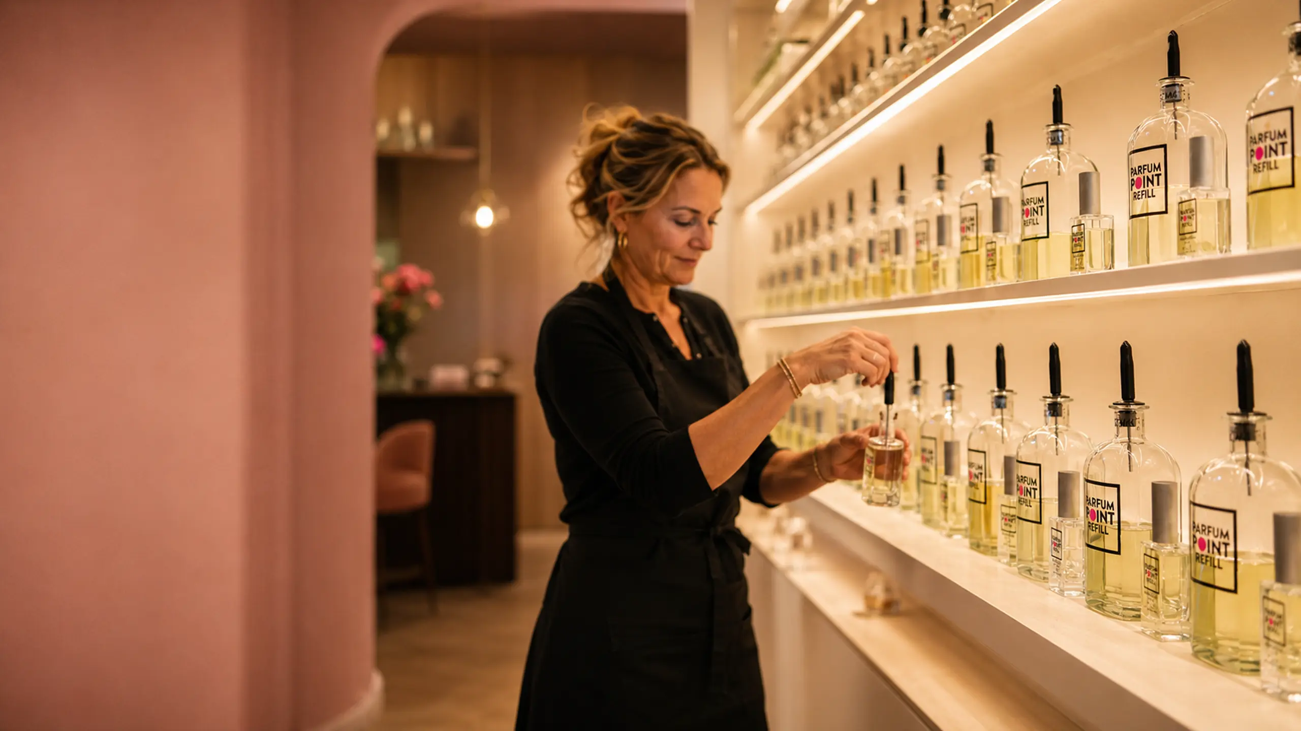 Medewerkster vult een parfumflesje bij een verlichte wand met schenkflessen van ParfumPoint Refill in een winkel