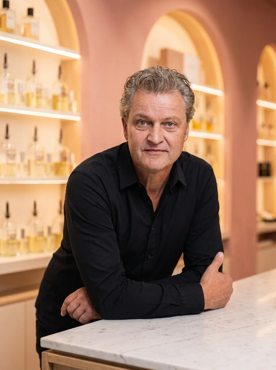 Jeroen van Gastel, eigenaar van ParfumPoint Refill, leunend op de toonbank van de winkel